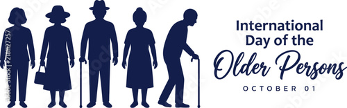 International Day of the Older Persons Banner Illustration for October 01 Celebration, Silhouette Set of Elderly Men and Women, Aging Awareness and Senior Citizen Support Concept Art.