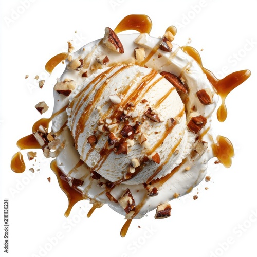 Vanilla gelato ice cream with caramel drizzle and nuts isolated on a white background