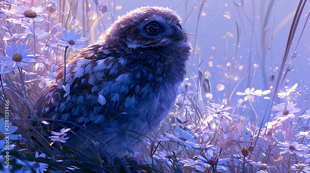 Obraz premium Twilight spring colors. glowing daisies. ethereal atmosphere. wide empty space on right for text. soft-feathered baby owl at edge of meadow