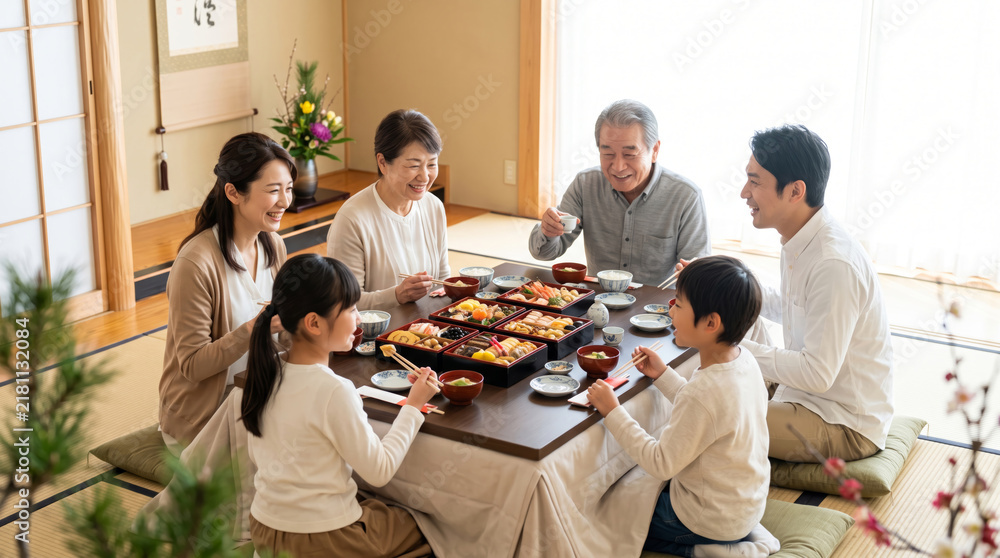 Obraz premium 和室でこたつを囲みおせち料理を食べる3世代家族のお正月