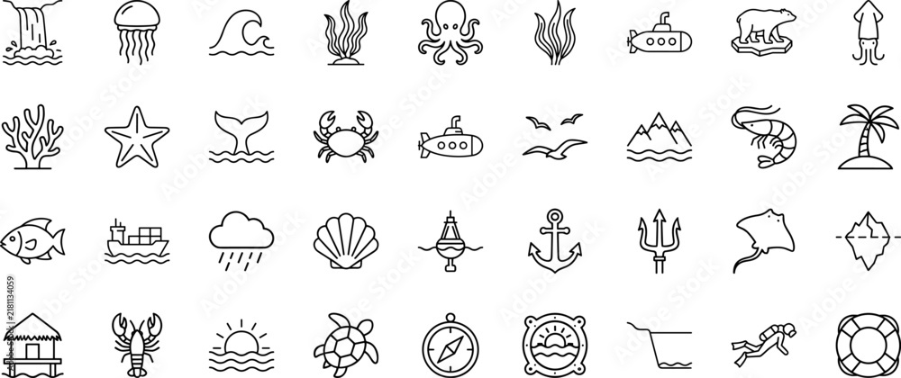 Fototapeta premium Ocean life line icon set. Vector pictograms of marine, sea, underwater, and fish elements, thin linear illustration.