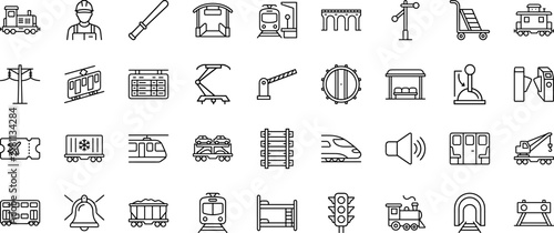 Railway transportation systems line icon set. Vector pictograms of train, station, cargo, and track elements, thin linear illustration.