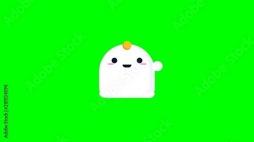 Cute animated white character waving hello on a bright green screen background.