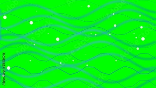 Abstract Motion Background with Flowing Blue Waves and Floating Particles on Green Screen.