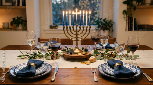 Tapety artystyczne Hanukkah table setting with menorah