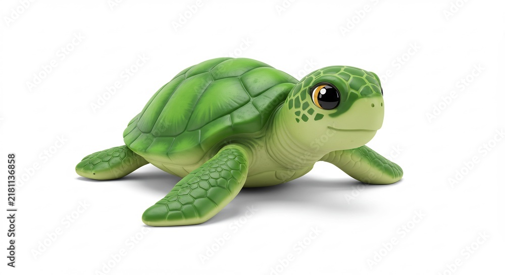 Fototapeta premium Cute Baby Turtle: A charming, stylized baby turtle with a bright green shell and wide, curious eyes sits expectantly, embodying innocence and the wonders of the ocean.