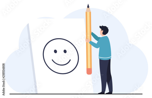 Man Drawing a Large Smiley Face With a Giant Pencil Representing Creativity and Happiness.