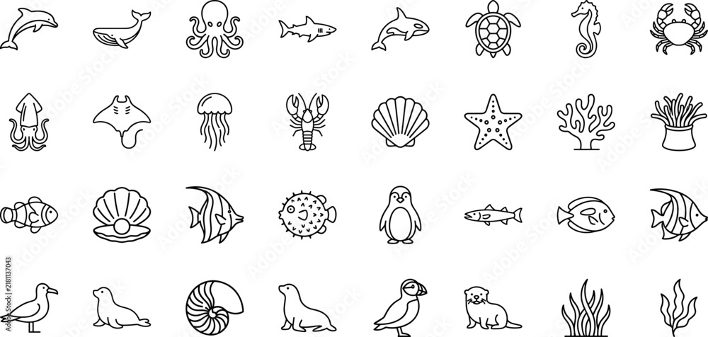 Fototapeta premium Marine biology line icon set. Vector pictograms of ocean wildlife, sea animals, coral reefs, and diving equipment elements, thin linear illustration.