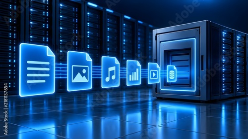 Obraz na płótnie Digital File Migration into Enterprise Server Rack Representing Data Archiving and Secure Cloud Storage Solutions