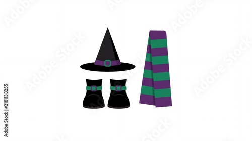 Flat lay vector illustration of witch hat boots and scarf set