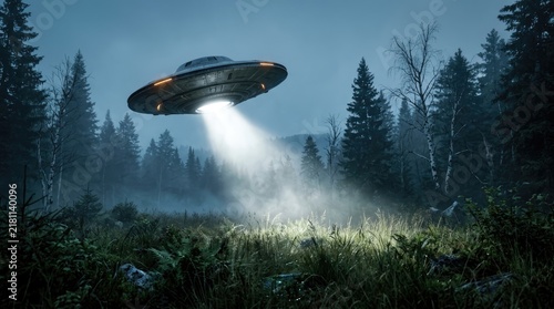 Metallic unidentified flying object hovering over misty dark pine forest at night with bright light beam