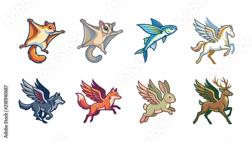 Winged Animal and Flying Wildlife Icon Collection with Colorful Vector Symbols for Fantasy Nature Designs