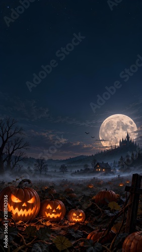 月夜の丘に建つ城とハロウィンのランタン / Castle on a moonlit hill and Halloween lanterns (Generative AI)