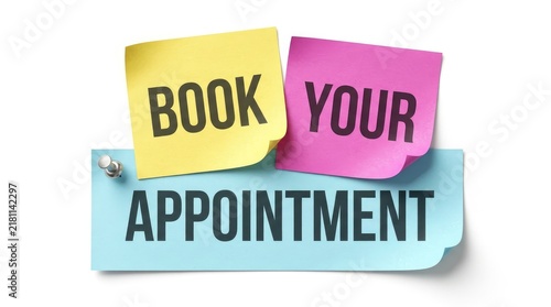 Bright sticky notes with book your appointment text displayed on a clean white isolated background surface