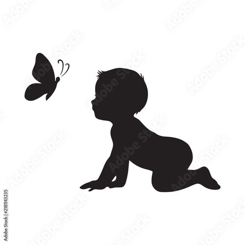 Baby crawling towards butterfly black silhouette on white background