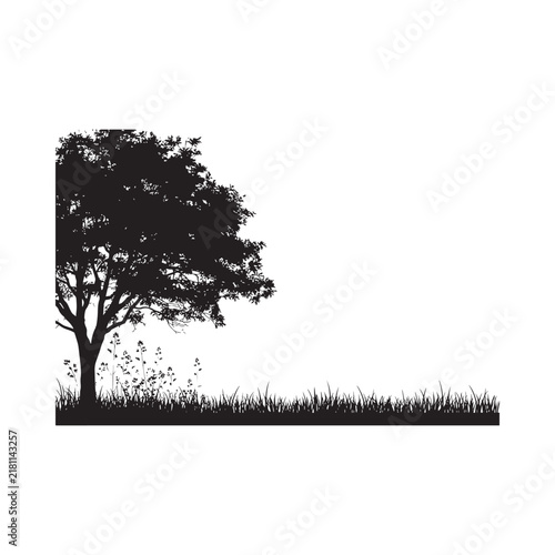 Tree Silhouette With Grass On White Background
