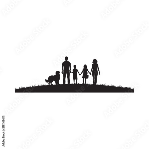 Family Silhouette With Dog On Grassy Hill Black And White