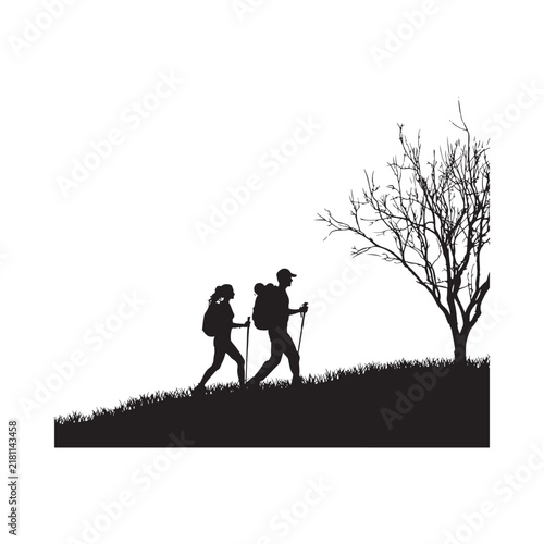 Silhouette Of Hiking Couple With Tree Against White Background