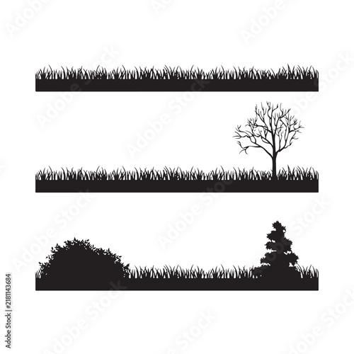 Grassland Silhouette Set With Bare Tree And Shrubs Black On White