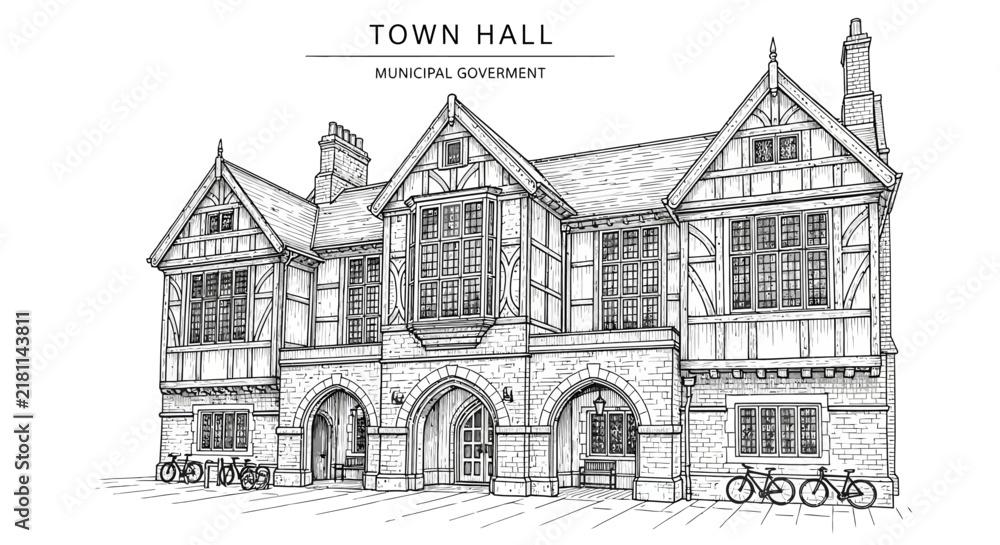 Obraz premium Handdrawn sketch of a historic Town Hall building with intricate architectural details.