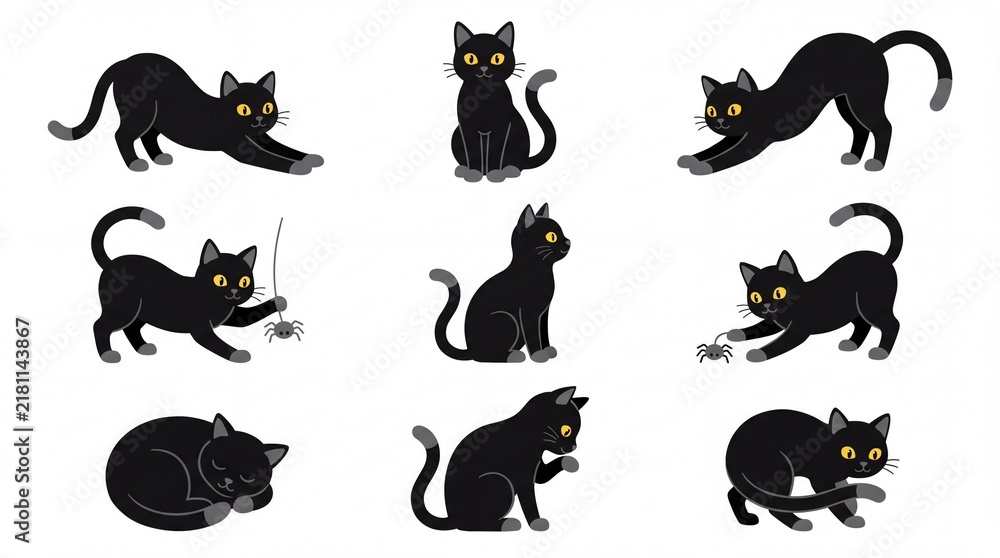 Obraz premium Playful black cat cartoon vector illustration set isolated on white background
