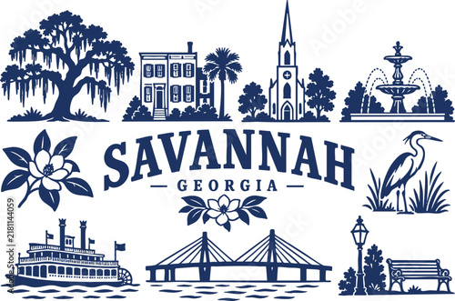 Savannah Georgia Travel Vector Set with Southern Landmarks, Riverboat and Coastal Icons