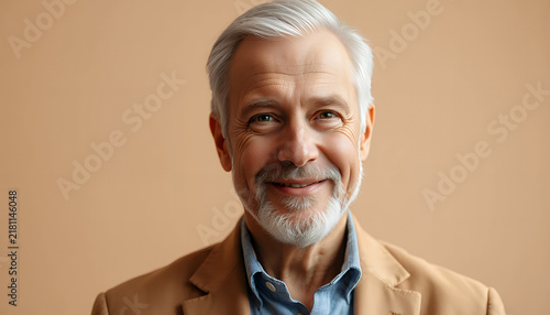 Portrait of a smiling mature man with grey hair and beard in a beige blazer