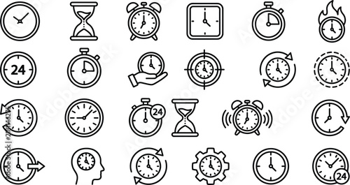 Collection of Various Time and Clock Icons in Minimalist Line Art Style