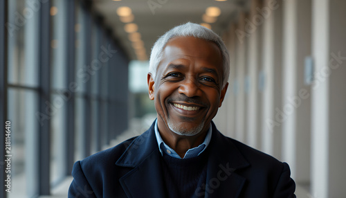 Portrait of a smiling senior African American man in a professional office hallway