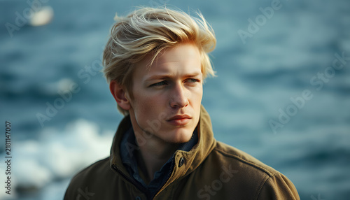 Portrait of a young man with blonde hair looking away against a blurred ocean background.