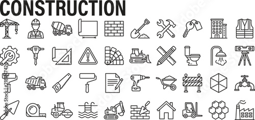 Comprehensive Set of Construction and Building Industry Line Art Icons