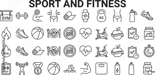 Comprehensive Collection of Sport and Fitness Line Art Vector Icons Set