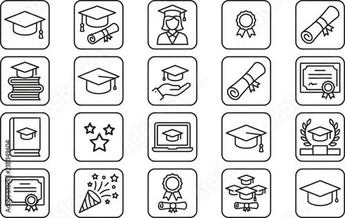 Set of Education and Graduation Line Icons for Academic Achievement Symbols