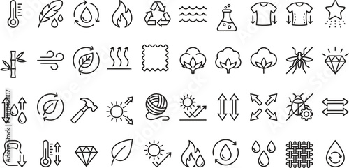 Set of Textile and Fabric Property Icons for Clothing and Material Features