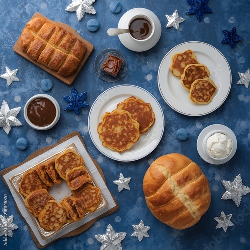 Festive winter breakfast table with pancakes, sweet bread, coffee, and chocolate sauce on blue background
