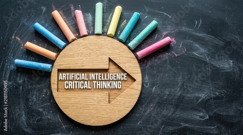 Wooden arrow showing artificial intelligence and critical thinking text arranged on a rustic dark chalkboard background
