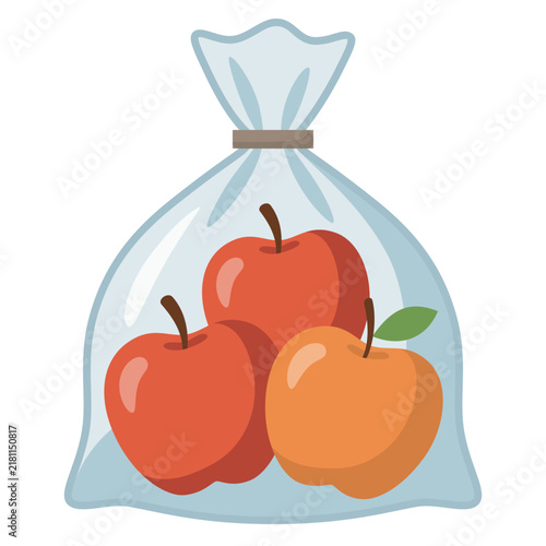 Fresh red apples in plastic transparent bag flat vector illustration isolated on white background