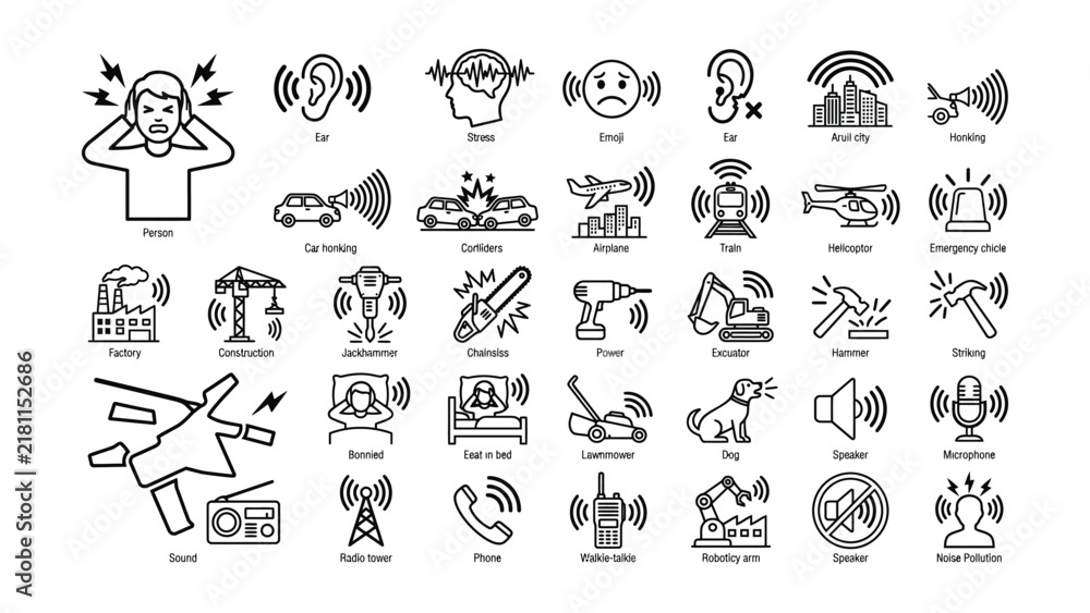 Fototapeta premium Collection of icons representing various sources of noise pollution and sounds