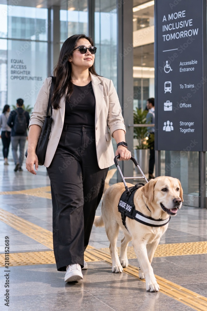 Fototapeta premium Visually impaired woman walking independently with a guide dog in a modern public building,woman with dog