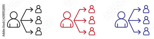 Three sets of person icons showing delegation and leadership hierarchy in black red and blue outline style