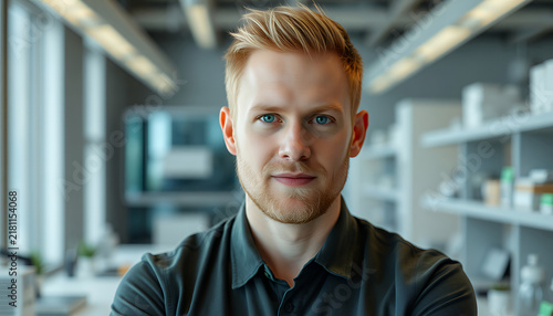 Portrait of a confident young professional man in a modern office workspace