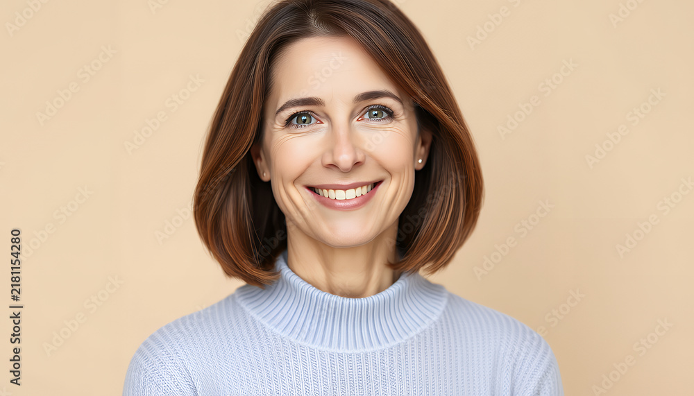 Fototapeta premium Portrait of a smiling mature woman in a blue sweater against a beige background