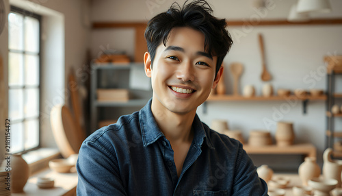Smiling Asian male potter standing in a bright ceramic workshop studio