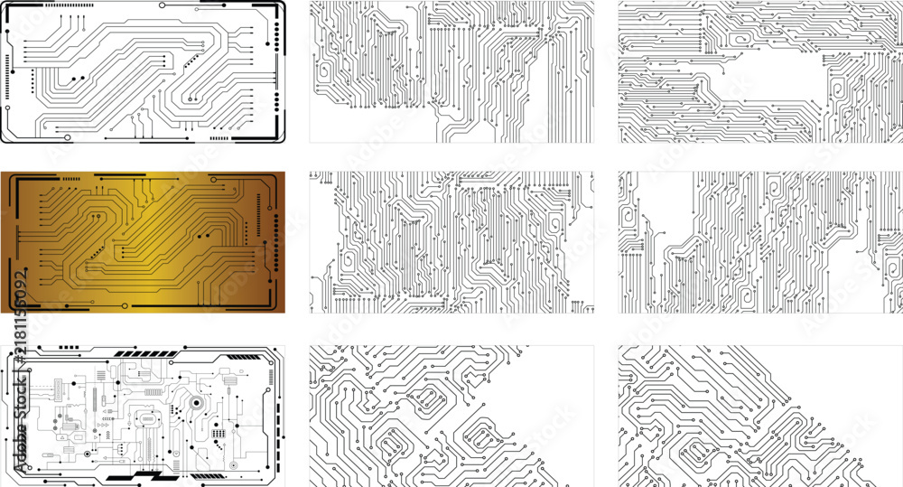Fototapeta premium Abstract Electrical Circuit Connection Design. Electronic Hardware Trace Pattern Collection