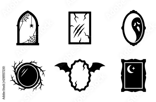 Spooky Halloween Mirror Icons Set, Gothic Frame Vector Graphics, Creepy Haunted Mirror Symbols