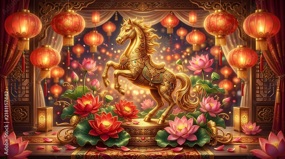 Fototapeta premium Ornate golden horse statue surrounded by vibrant pink lotus flowers and illuminated red lanterns celebrating the traditional lunar new year