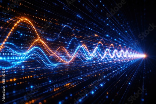 Abstract digital waveform data flow with glowing particles in neon blue and orange light against a dark background