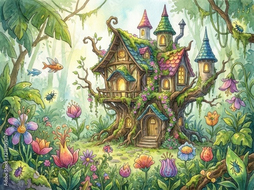 Fairytale treehouse stands in a magical enchanted forest surrounded by vibrant blooming flowers and lush greenery.