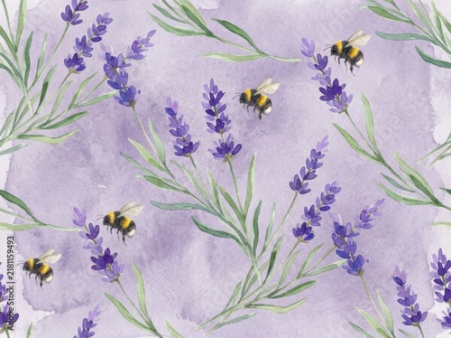 Lavender sprigs and bumblebees form a delicate watercolor botanical pattern against a violet wash.