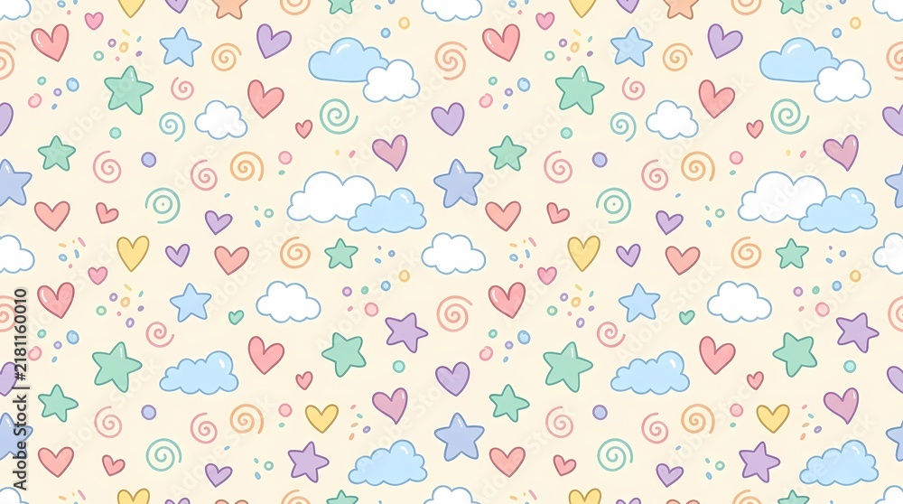 Seamless pattern with colorful hearts, clouds, and stars on a light background.
